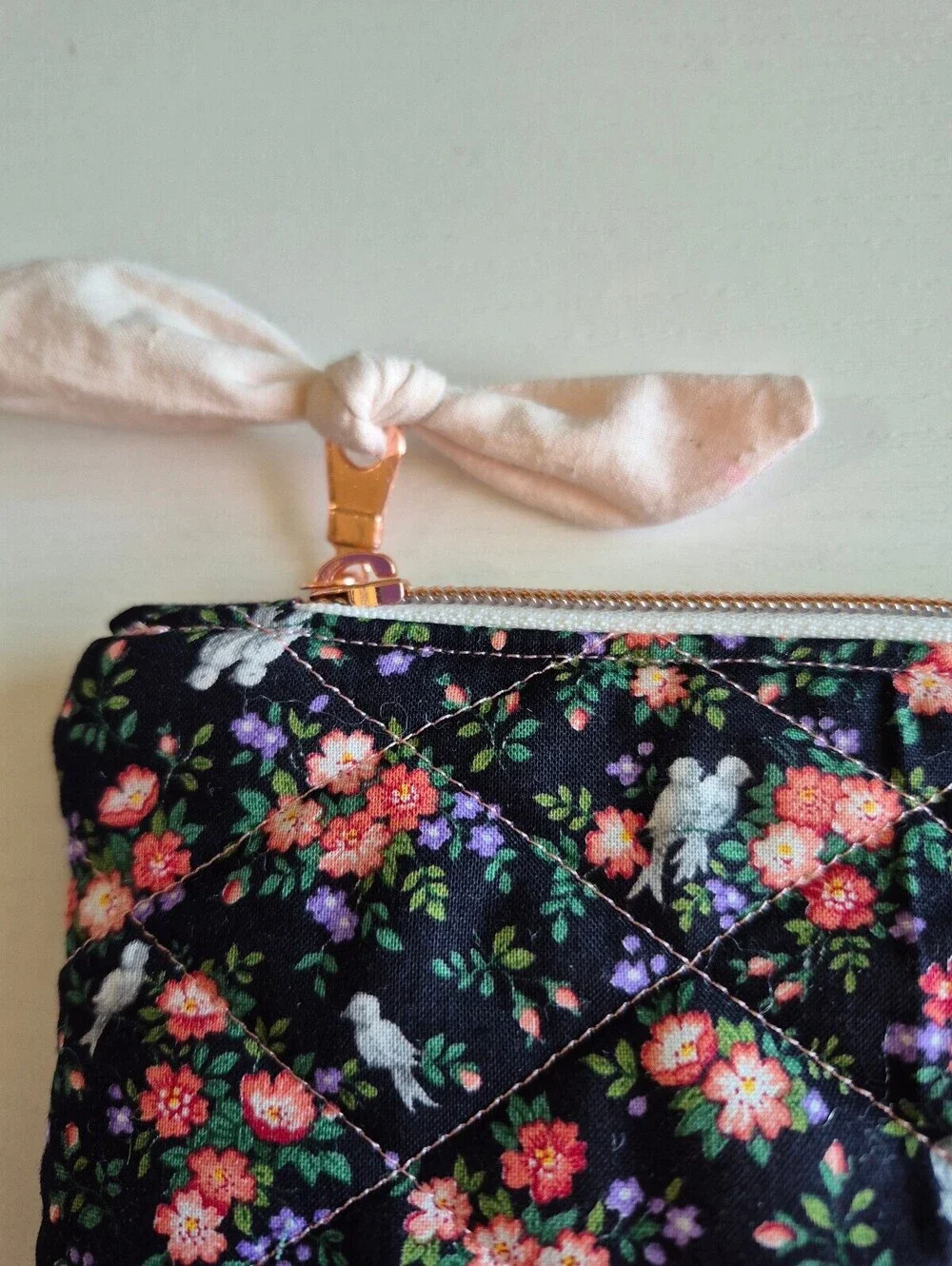 Handmade Quilted Floral Cosmetic Pouch with Bow Accent  flowers & birds material